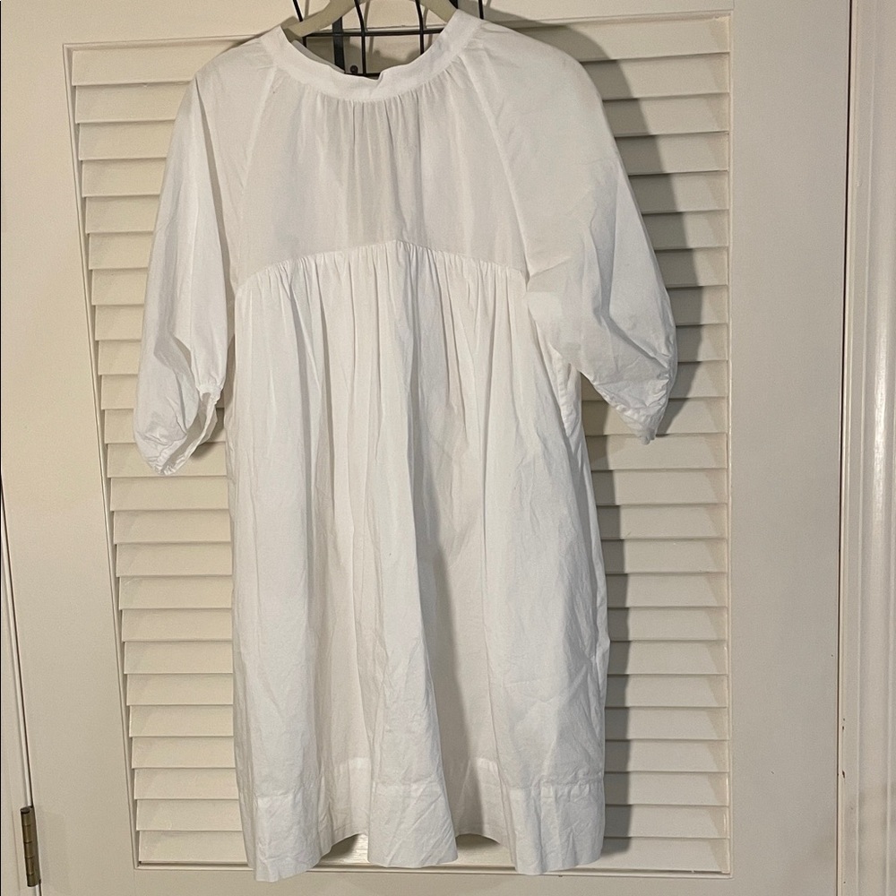 Everlane White Shirred Mini Yoke Puff Sleeve Pocket Tunic Dress